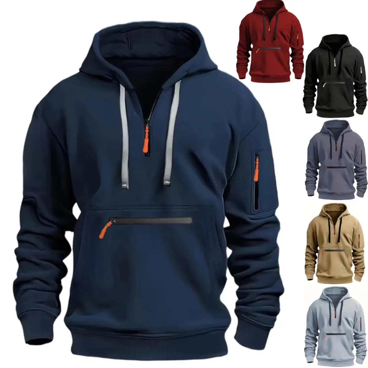 Men's High-Quality Casual Hoodie with Kangaroo Pocket - Classic Solid Color Block, Half-Zip Front Enhanced Fall/Winter Comfort, Warm Stylish Outerwear Versatile Functional Daily Wear, Streetwear Durable Soft Fabric Hoodie Mens Menswear Tops Sweatshirts