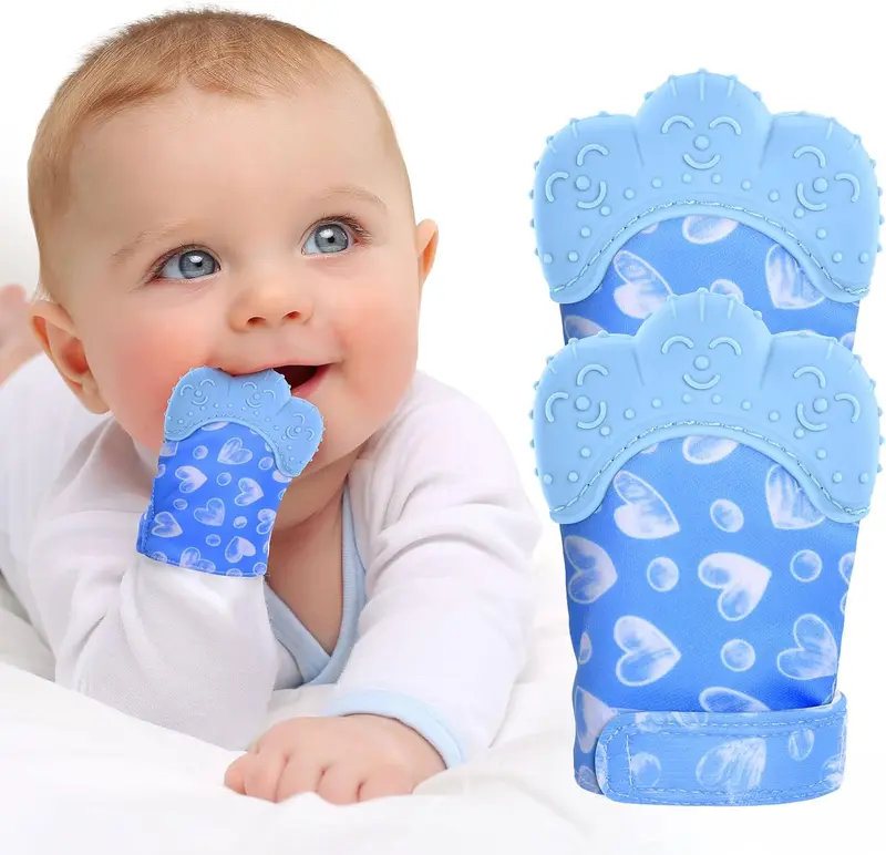 Baby Teething Set, 2 Pack Teething Mittens for Baby, Includes 2 Silicone Mitten Teether Glove, Teething Glove, Infant Soothing Pain Relief Mitt Baby Teether Mits for Baby（Blue） 0