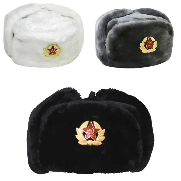 Ushanka Russian Military Hat with Ear Flaps and Soviet Badge, Trapper Ski Hat for Winter