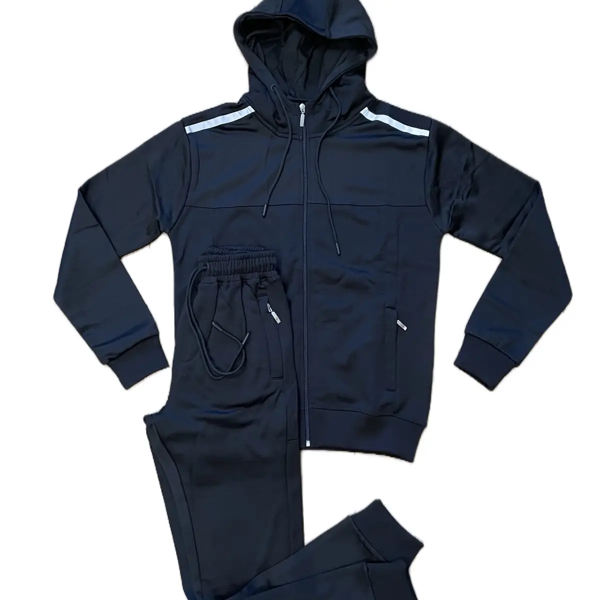Men’s Poly Plain Tracksuit Black Zipped Casual Top Bottoms  Reflective Stylish