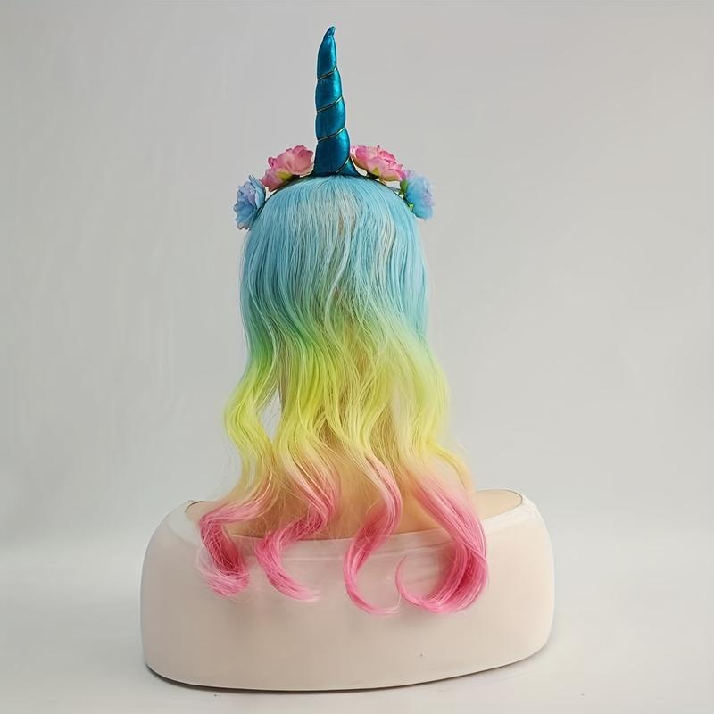 Unicorn Headband Curly Wig For Girls, Rainbow Flower Birthday Party Supplies Halloween Decorations For Girls Hair Accessories Music Festival Masks Comfortable Gift Magical Ornaments Multicolor 4