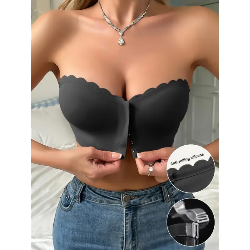 Women's Solid Scallop Trim Hook & Eye Front Wireless Bandeau Bra, Comfortable Breathable Seamless Strapless Bralette for Daily Wear, Lingerie Top for All Seasons 0