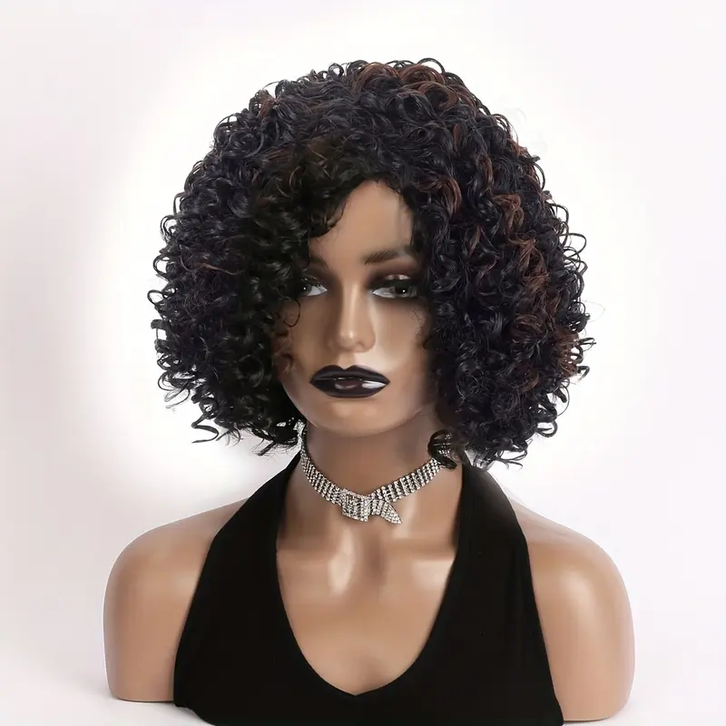Elegant Afro Curly Kinky 12-inch Short Wig for Women, Elastic Cap, 130% Density, High Temperature Fiber, Natural Black and Brown, Heat Resistant Synthetic Hair Replacement for Daily Wear, Festive Outfits, and Parties 2