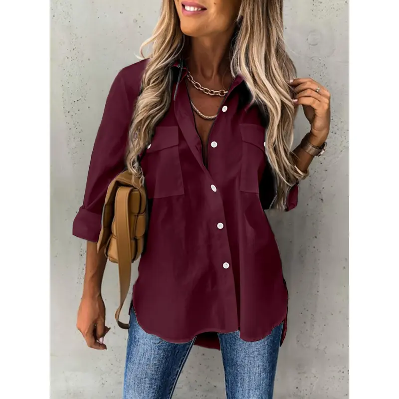 Button Front Long Sleeve Shirt, Casual Solid Office Shirt With Collar, Women's Clothing 3