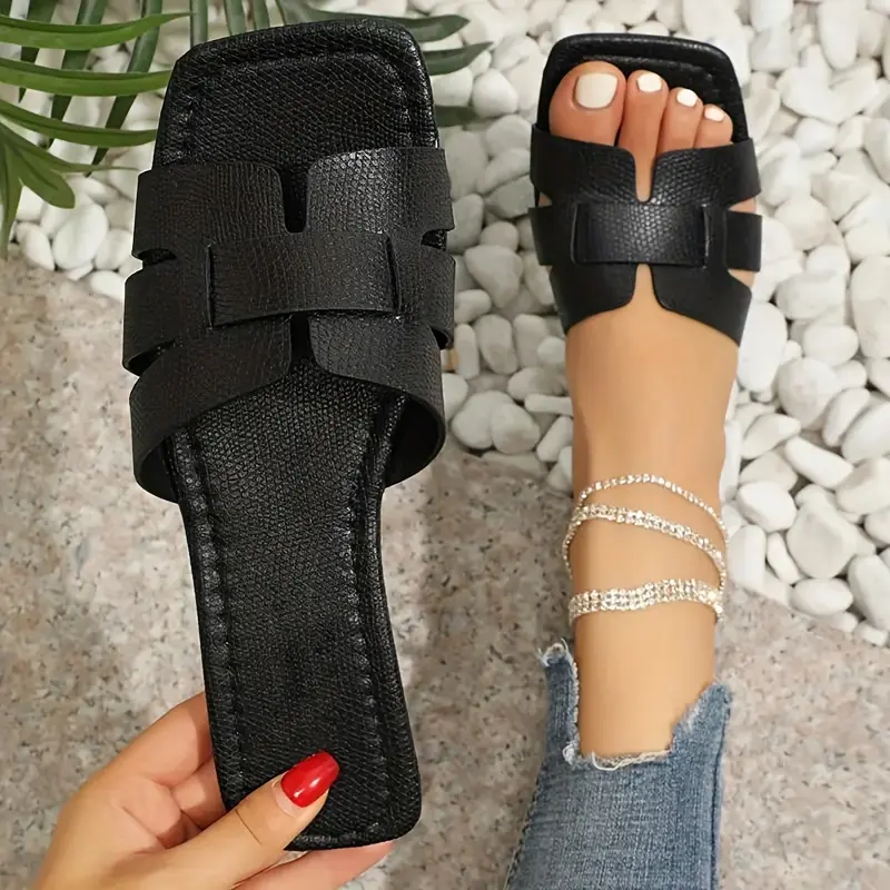 Chic Womens Slide Sandals - Lightweight, Casual, Flat, Square Open Toe - Perfect for Summer & Kings Day