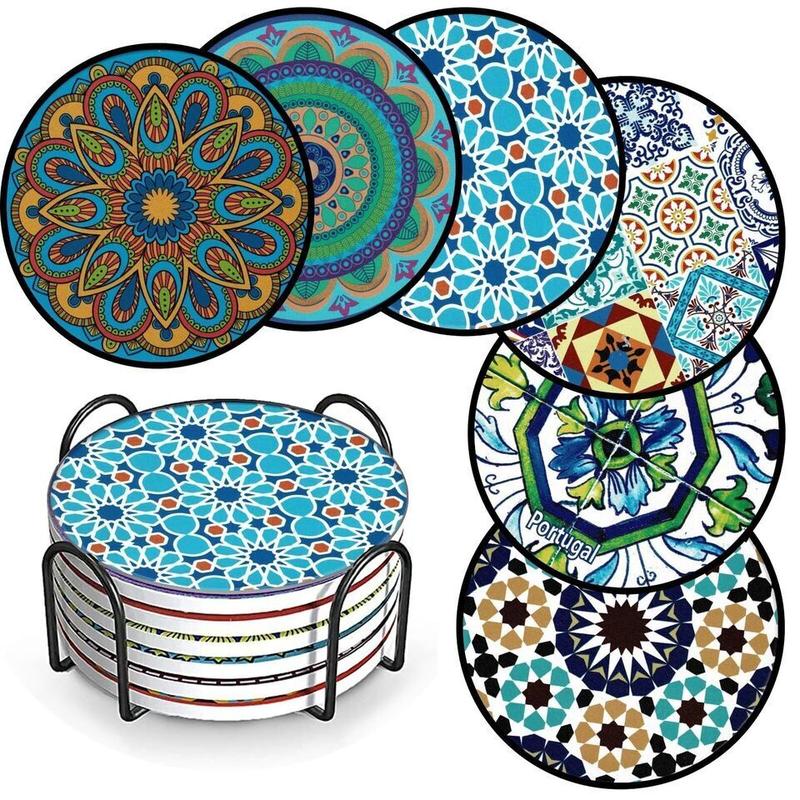 Turkish Patterned Coasters for Drinks Pack of 6 Ceramic Marble Coasters with Metal Holder, 4 Inches 8 Different Mandala Patterns, Suitable for Wooden Table and Kinds of Cups Tableware Round Set Tea Coffee 2