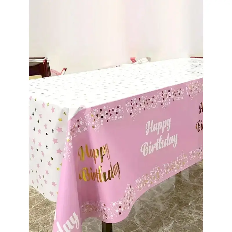 1pc Dual-Color Happy Birthday English Letter Print Tablecloth, Oil And Water Resistant, Suitable For Children's Birthday Party 0