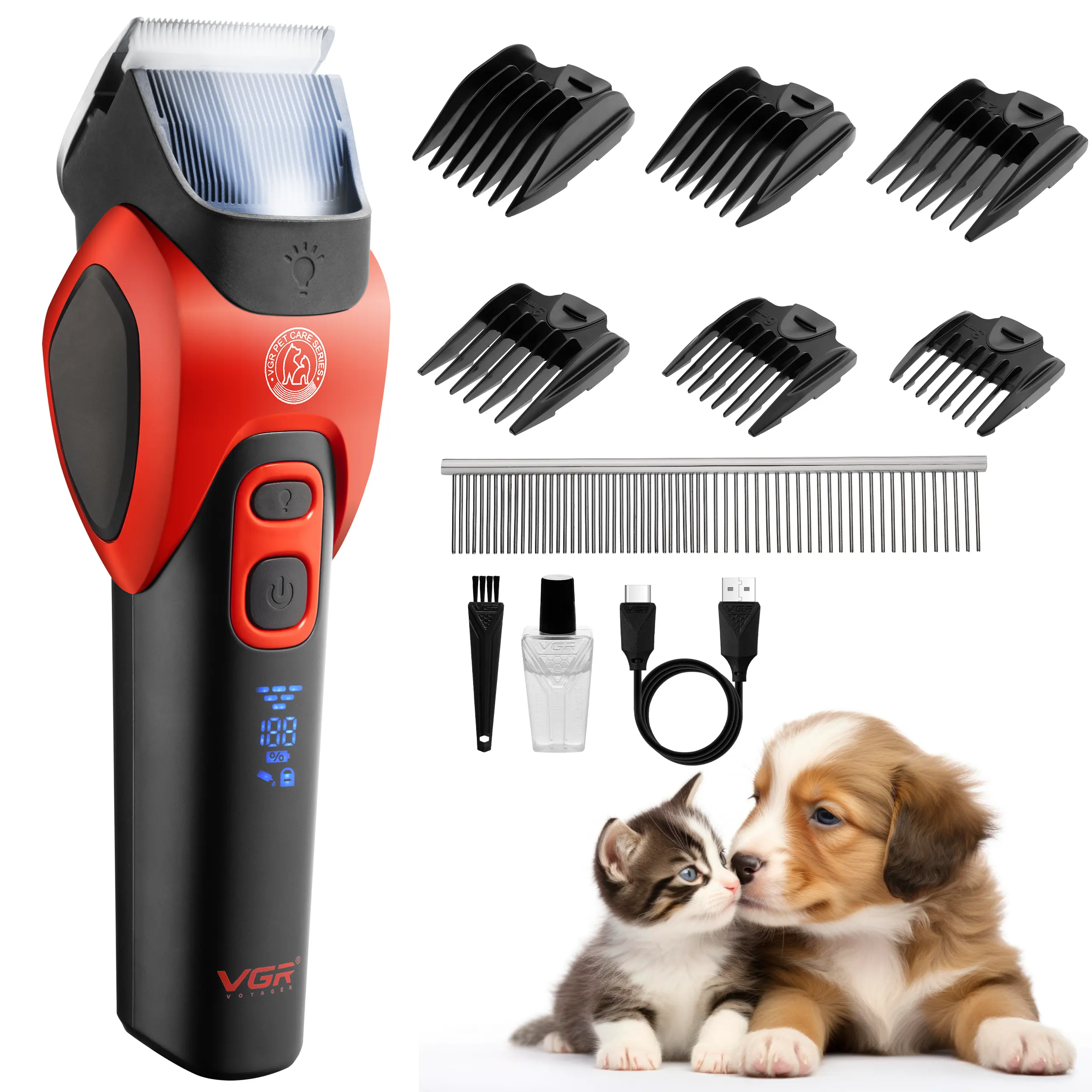 VGR Dog Grooming Clippers Kit Cordless for Thick or Curly Coats - Professional Pet Animal Hair Trimmer with Ceramic Blades - Low Noise Silent Shaver for Cat with Matted Fur, Puppy, Poodle, Cockapoo Groomer Rechargeable via USB-C 180 min Battery