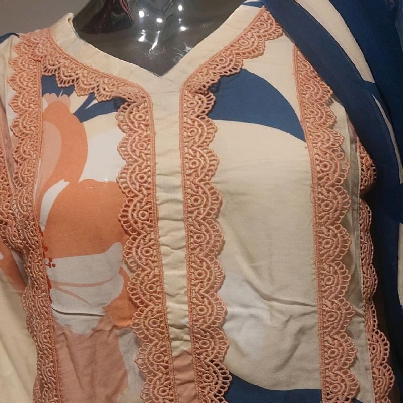 Asian Style 3pc women causal wear. boski lenen fabric and shifoon dupata ivory colour with navy blue dupata. beautiful lace work on shirt and trousers. 7