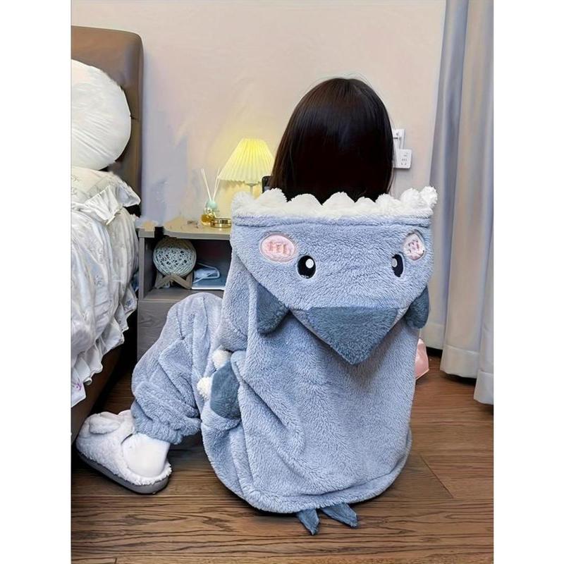 Women's Cartoon Shark Design Pocket Drop Shoulder Plush Loungewear Onesie, Casual Cute Long Sleeve Hooded PJ Onesie for Fall & Winter, Lady's Sleepwear for Indoor Wear, Boo Basket Items for gf 3