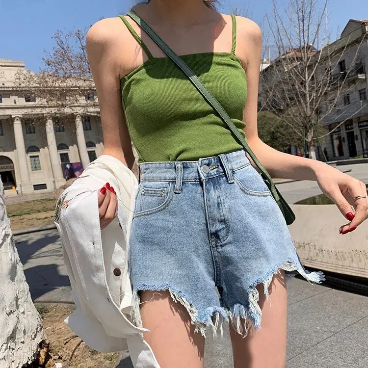 High-waisted Loose-fit A- line Women's Denim Shorts Fringe Bell Bottoms Trendy Summer Fashion