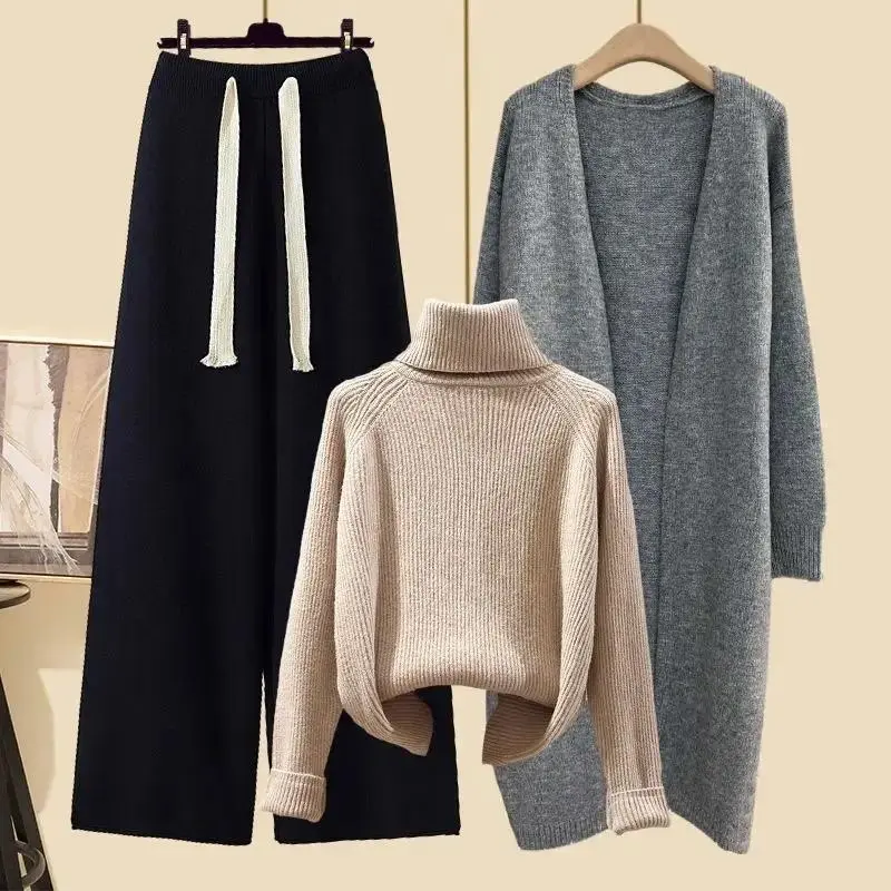 Plus Size Women's Winter Cardigan Jacket Polo/turtle Neck Sweater Bell Bottoms Three-piece Set New Style Long Length 8