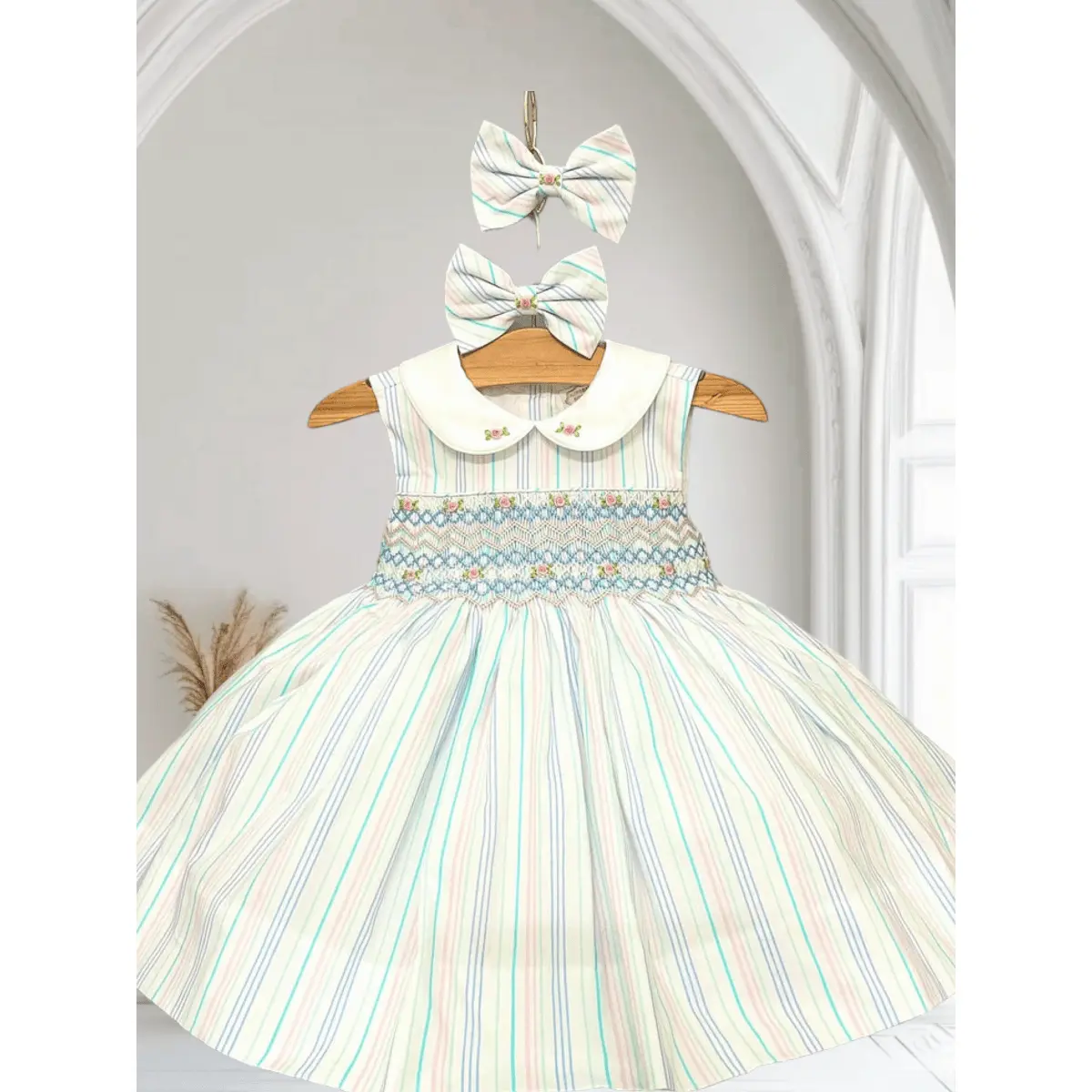 Girls stripe smocked dress with  peter pan collar