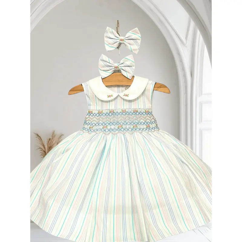 Girls stripe smocked dress with  peter pan collar 0