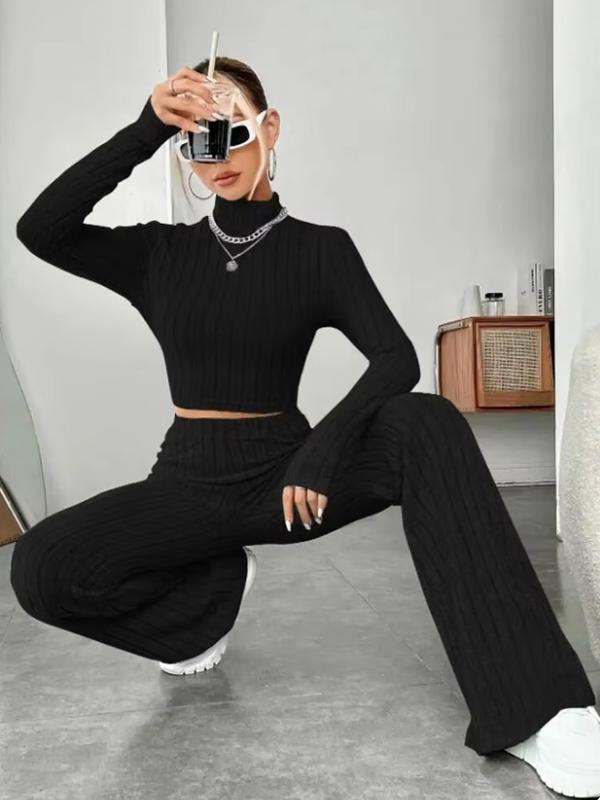 Women's Stand Collar Navel T-Shirt and Trumpet Pants Set - Tops, Womenswear pink cropped jacket bbl  jacket cropped  bbl 3
