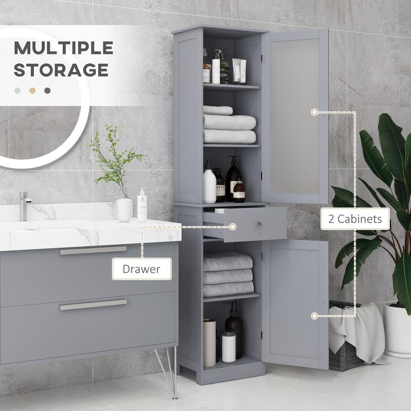 kleankin Bathroom Storage Cabinet with 3-tier Shelf Drawer Door, Floor Cabinet Free Standing Tall Slim Side Organizer Shelves, Grey 3