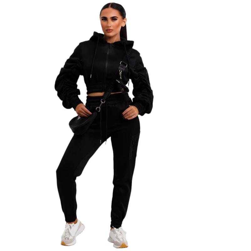 Women's Crop Rushed Hooded Zip set Oversized 2 Piece Loungewear Tracksuit Co-Ord Joggers  Top Set Size 8-16 Comfort Long Sleeve Womenswear Breathable Casual Comfortable Fitness Pants Coat Drawstring Pockets Soft Stretchy  Trouser Fabric viral  lounge 1
