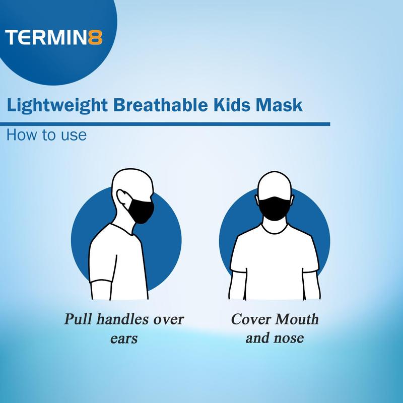 Termin8 Lightweight Breathable Reusable Face Mask for Kids Machine Washable Black, Pink or Grey 1