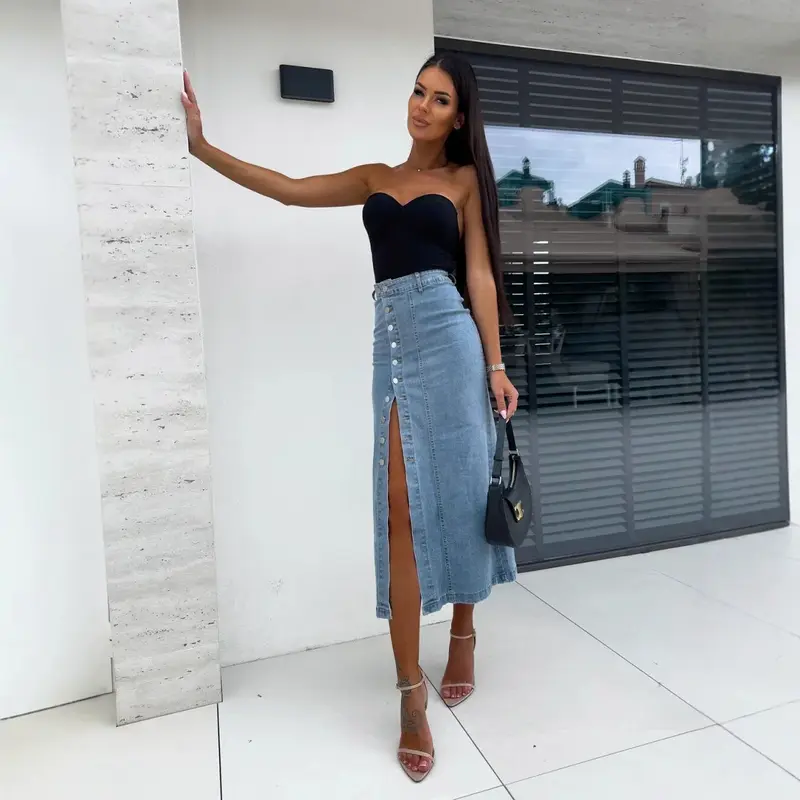 New Women's Clothing Buttons Irregular Split Half-body Denim Skirt High Waist Sexy Slim Hip Skirt 3