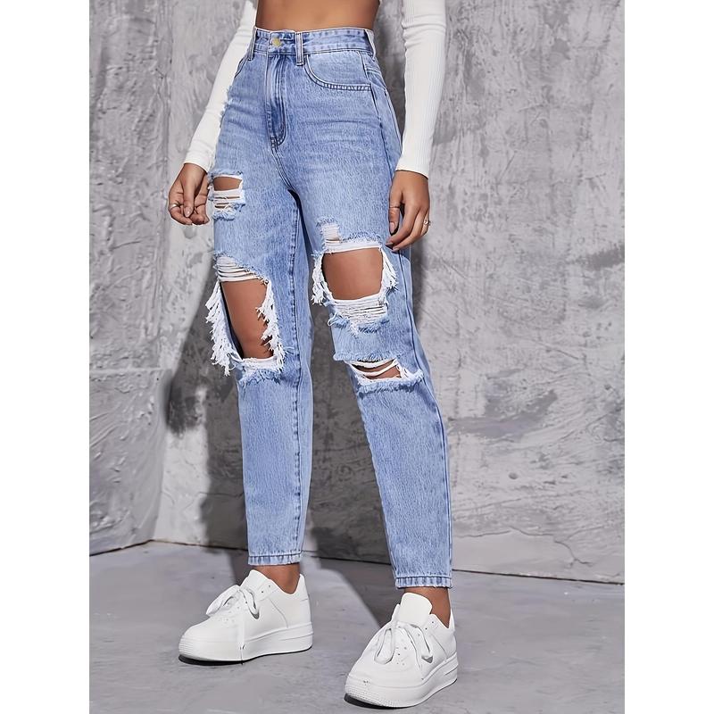 American Retro Hole-punched Jeans Women High Waist Straight-crotch Loose Slim Design High-street Vibe Wide-legged Dragging Pants 2