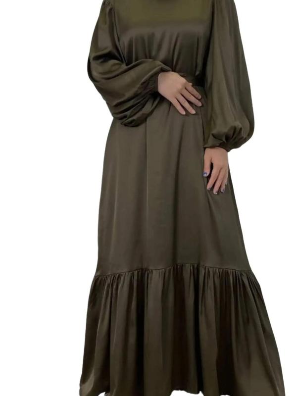 Closed Satin Abaya with Frill - perfect for Eid or Iftari. Muslim Abaya, Maxi Dress with Belt 2