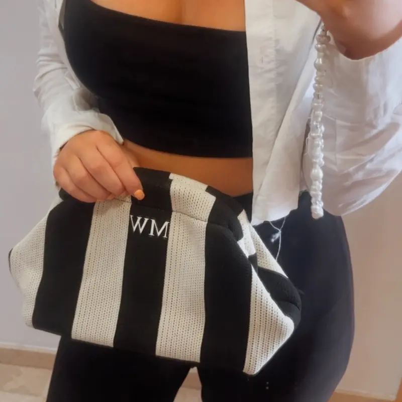 Personalised Crochet clutch bag - Canvas Striped Black and White 0