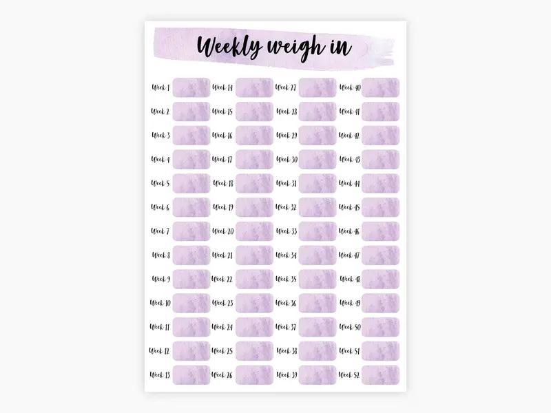 Gorgeous 52 Week Weekly Weigh In Weight Loss Tracker (52 Wks). A4 Printed Weight Loss Chart, Annual Weight Loss Tracker, Yearly Weight Loss Tracker. Laminated Or Unlaminated in 15 Colour Options. Start Tracking Your Weight Loss Now. 2
