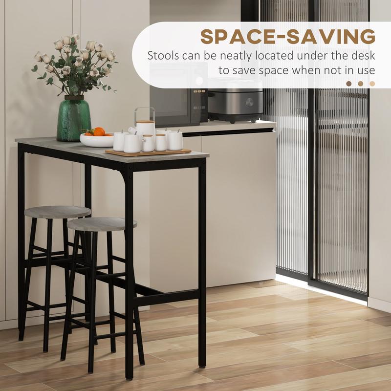 3 Piece Bar Table Set with 2 Stools, Industrial Bar Table and Stool Set, Dining Table and Chair Set for Small Space, Grey 4