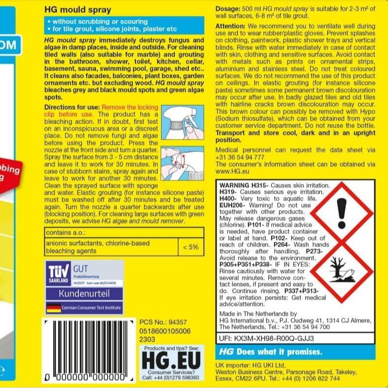 HG Mould Spray 500ml Bathroom Toilet Mould Cleaner Eliminates All Moulds, Making Filthy Black Stains Disappear Suitable For Tiles, Silicon Seals, Plaster Household Cleaning 8