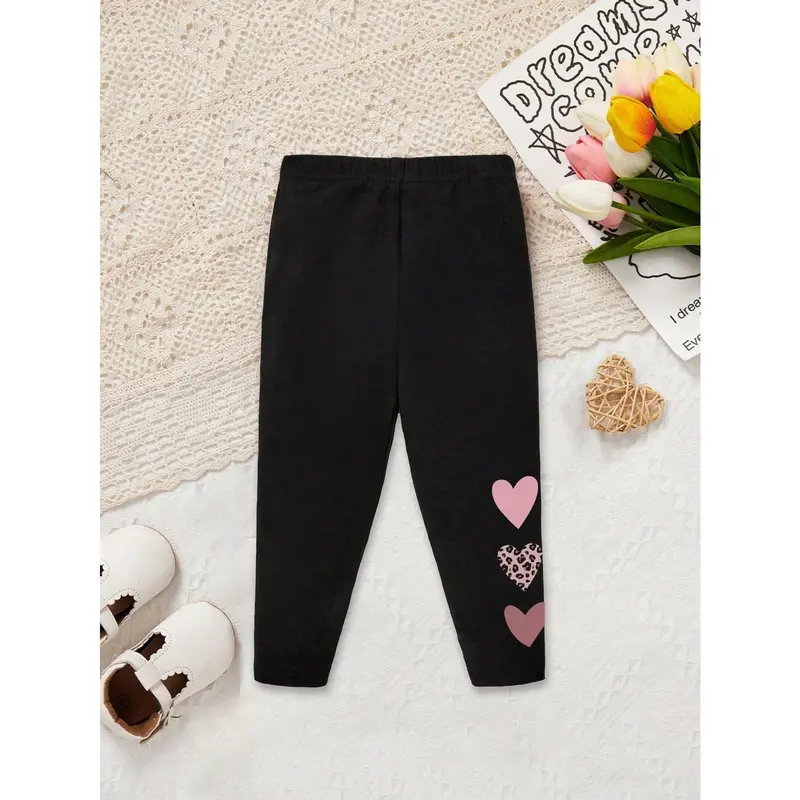 Baby Girl Casual Cute Cartoon Heart & Leopard Print Pattern Leggings, Versatile Black Cotton Blend Pants Suitable For Spring/Summer 1