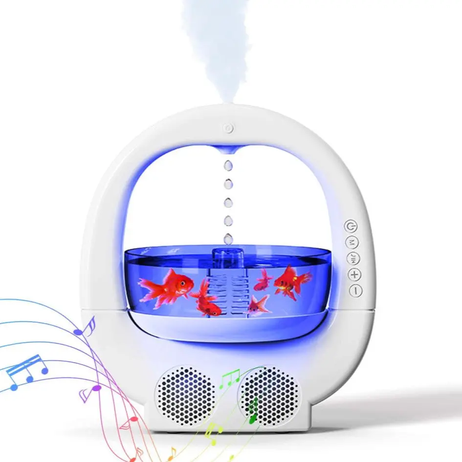 Humidifier for Bedroom with Night Light, Anti-Gravity Humidifier with Fish Tank, Cool Mist Humidifier with 7 Colors Changing Night Light and Bluetooth Speaker, Auto Shut-Off