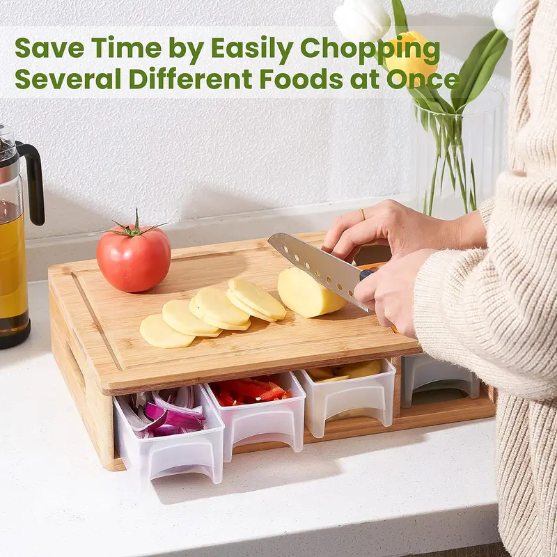 Bamboo Cutting Board with 4 Containers, Large Chopping Board with Juice Grooves, Easy-Grip Handles & Food Sliding Opening, Carving Board with Trays for Food Storage, Transport, and Clean-Up Kitchen 2