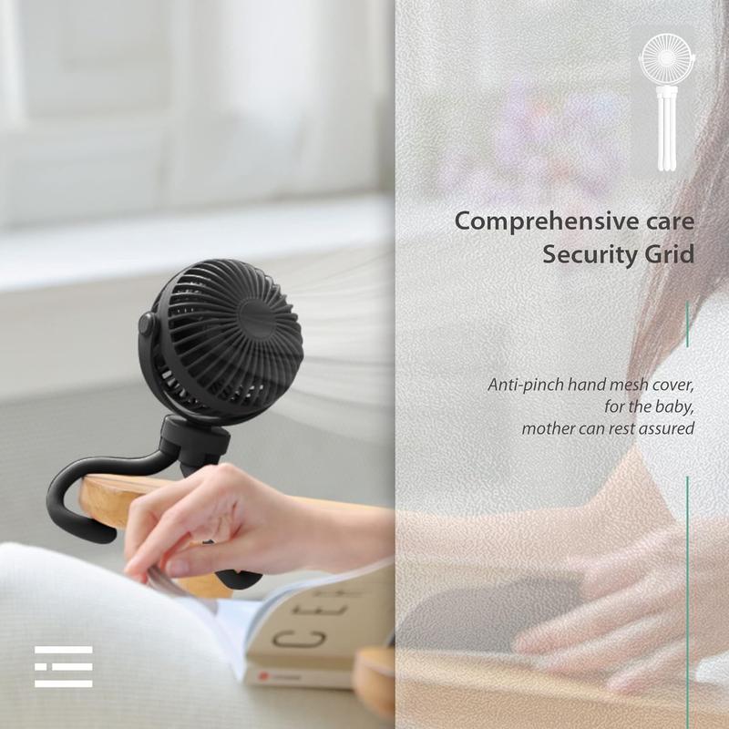 USB Handheld Fan with Flexible Tripod - Personal Portable Fan for Stroller, Car Seat, Desk - Rechargeable and 360° Rotatable - Black- Protection Usb Protection 3