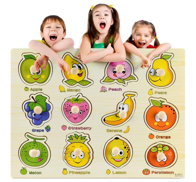 Product Introduction of MONTESSORI WOODEN PUZZLES: Hand Grab Boards, Tangram, Jigsaw Educational Toys featuring Cartoon Vehicles, Animals, and Fruits in 3D Puzzles 3