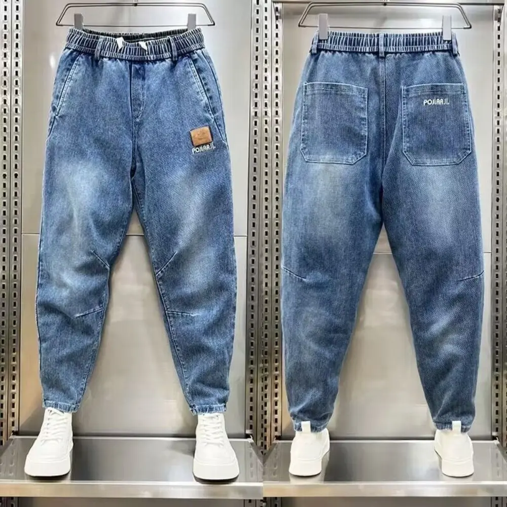 2024-Korean Fashion Men Luxury Clothing Men 2024 Autumn Loose Drawstring Denim Jeans with Embroidery Casual Elastic Baggy Harem Pants