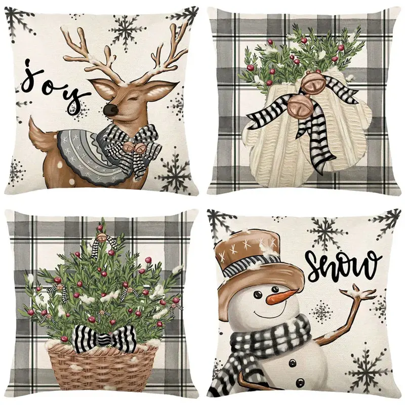 Linen Christmas Snowman Cushion Cover 45x45cm
