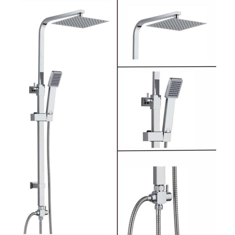 Large Waterfall Chrome Square Dual Shower Head Riser Rail Luxury Bathroom Set 1