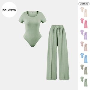 KatchMe Women's Trendy Square Neck Shaping Bodysuit & High Waist Pocket Wide Leg Trousers Co-ord,Basic Bodysuit,Two-Piece Outfit for Womenswear