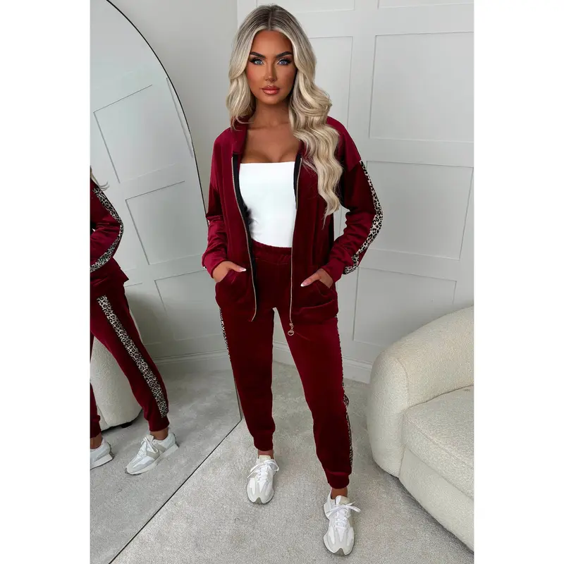 Karma Burgundy Leopard Side Print Velour Loungewear Set 1