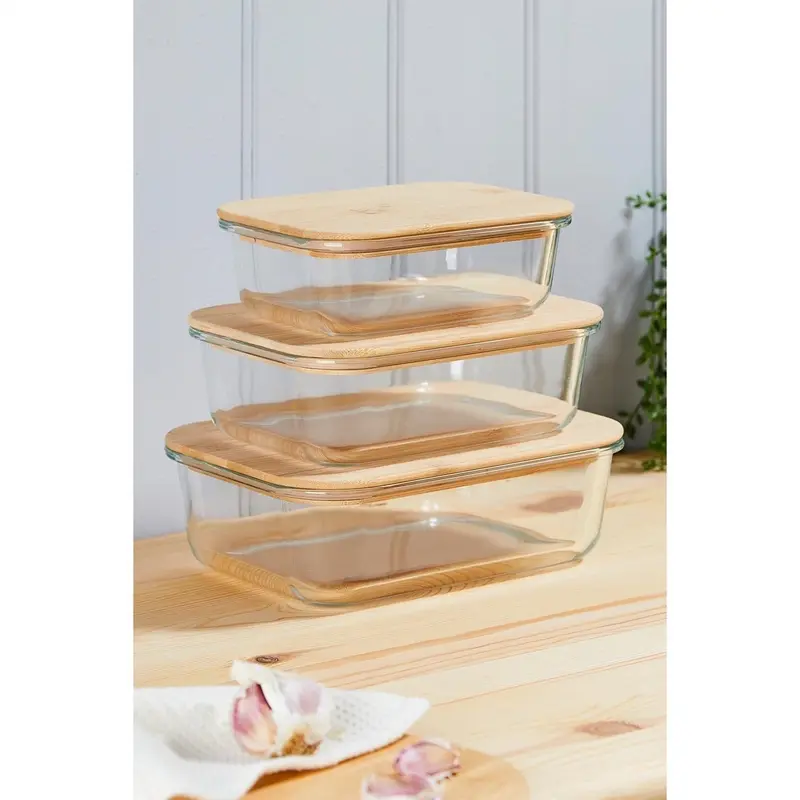 Glass Meal Prep Containers With Bamboo Lids, 3 Pack Dishwasher Microwave Freezer Oven Safe (220 degrees) Reusable Storage Set 0