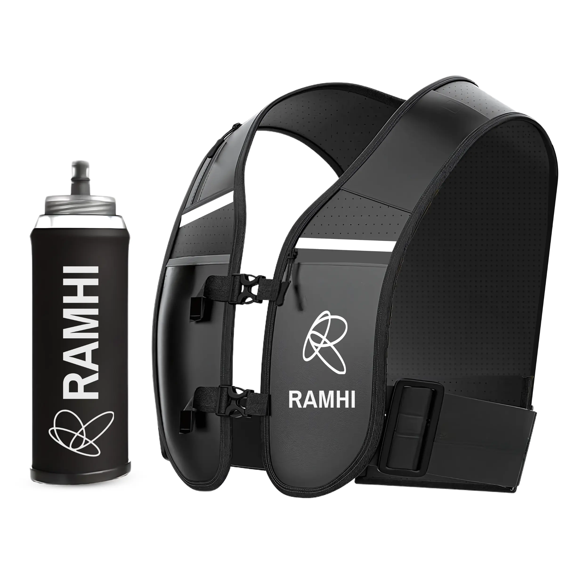 RAMHI Running Vest with 500ml Bottle – 5-Pocket Design for Bottle, Mobile (Waterproof), Cards & Towel – Adjustable Straps for All Sizes – Strip for Night Visibility – Lightweight for Marathon & Trail Running