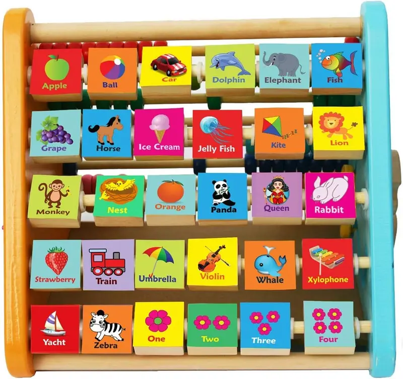 TOWO Wooden Activity Centre Triangle toys - Wooden Alphabet Blocks Abacus clock - Activity Cube for Toddlers 5 in 1-Wooden Activity Toys for Babies Montessori Learning-Wooden Toys for 1 year old 1