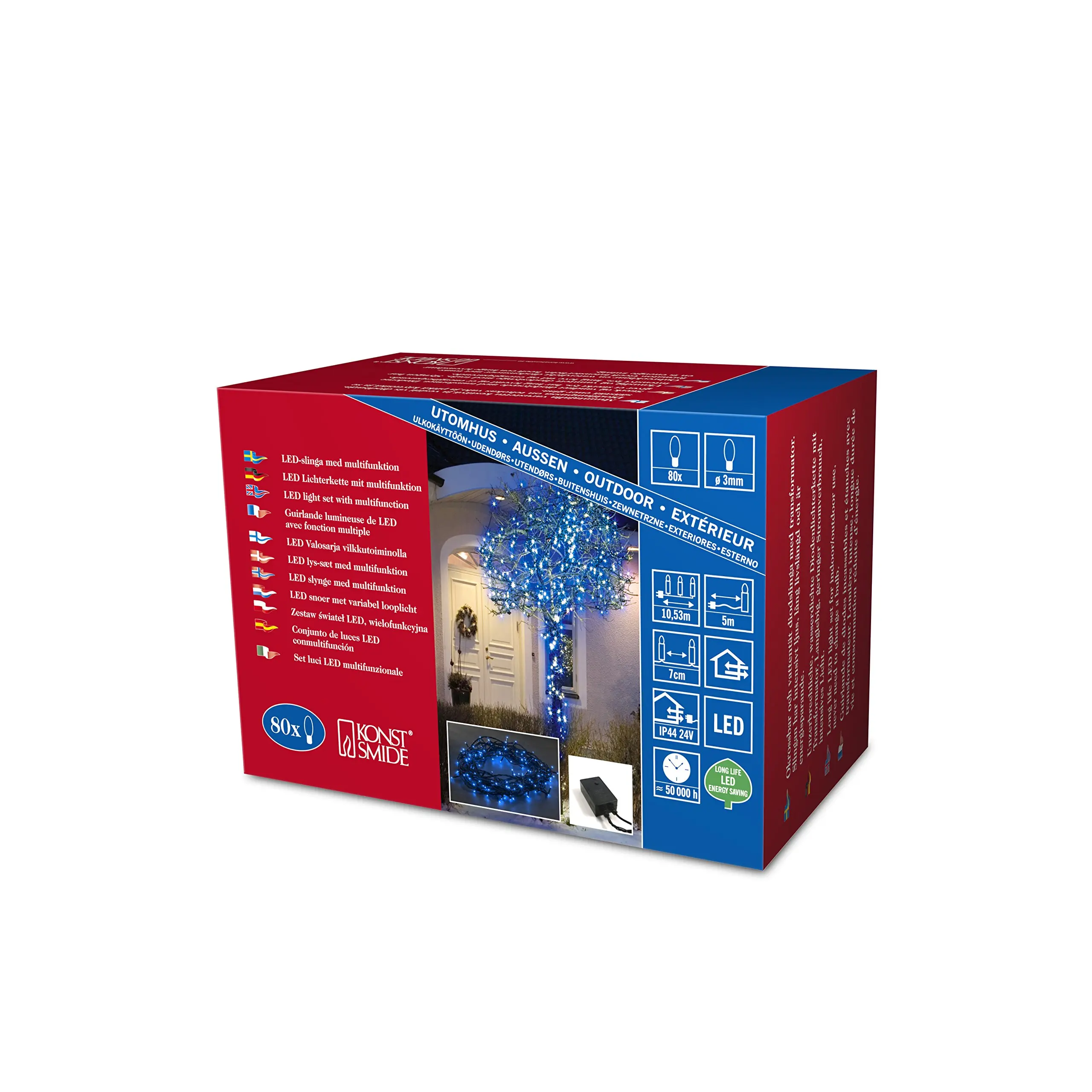 Konstsmide LED Fairy Lights Indoor Outdoor Use Mains Powered - Christmas Decorations - 80 Blue Multi Function String Fairy Lights for Outdoor Use - Plug in Fairy Lights for Indoor Use
