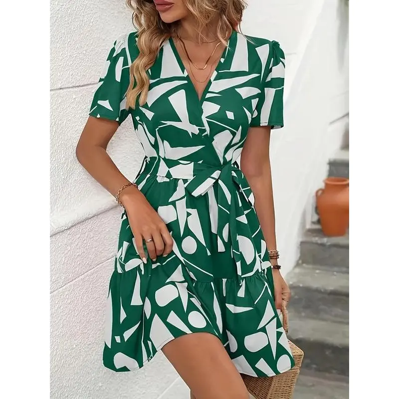 Women's Geometric Print Belted Wrap A Line Dress, Casual V Neck Ruffle Short Sleeve Dress for Summer, Ladies Clothes for Daily Wear
