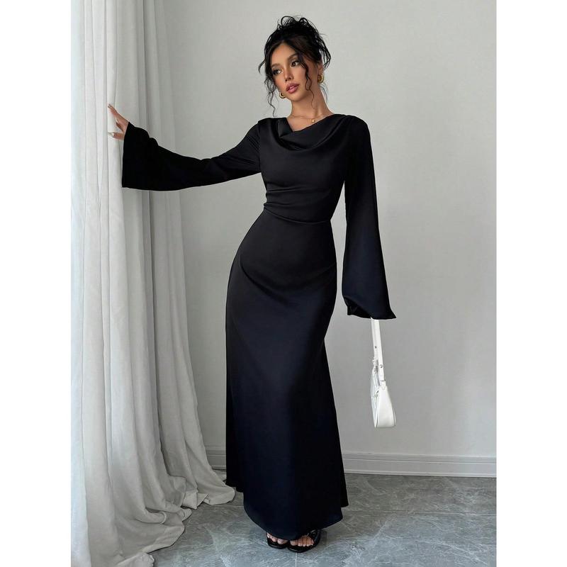 PETITE 1pc Women's Satin Solid Color Long Flare Sleeves & Back Tie Elegant & Romantic Mermaid Hem Dress, Petite 4
