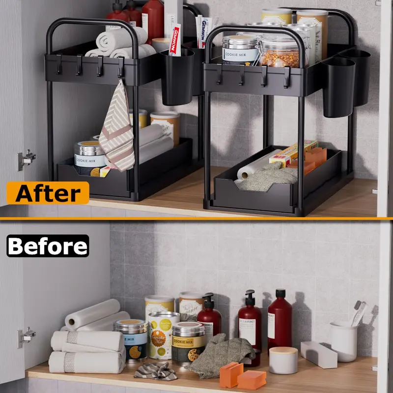 Under Sink Storage Kitchen Organiser, 2 Tier Sliding Kitchen Storage Shelf, Multi-Purpose Organisation for Kitchen Bathroom, Bottom Slide Out Basket Black - Racks Hanging Cabinet Drawer Installation Hangable Hanging Cabinet Multicolor 3