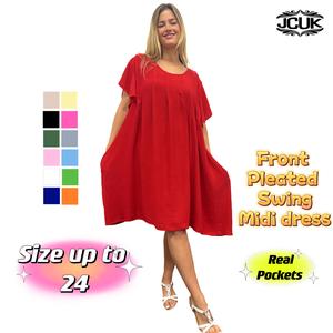 JCUKOUTLET WOMENSWEAR MIDI SUMMER DRESS UNIQUE HAND PINCH FRONT PLEATS 2 REAL POCKETS FLUTTEY SLEEVES UNIQUE HAND MADE FRONT PLEATING SWING MIDI DRESS UP TO SIZE 24 PLUS SIZE WOMAN FASHION Summer