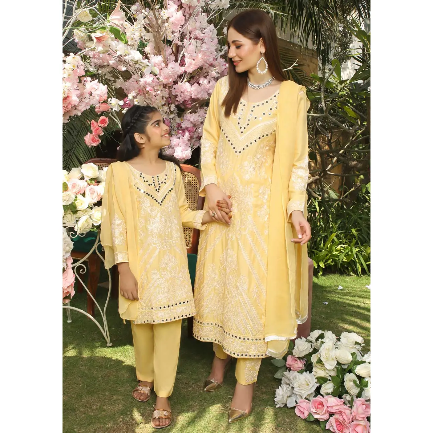 HK192 Barzakh Lemon Readymade Linen Mother & Daughter Suit