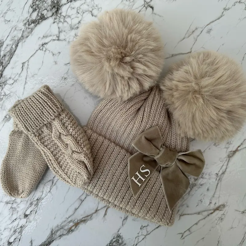 Biscuit or Dusky Pink Double Pom Pom Hat & Mittens - One Size Newborn - 12 Months. 2
