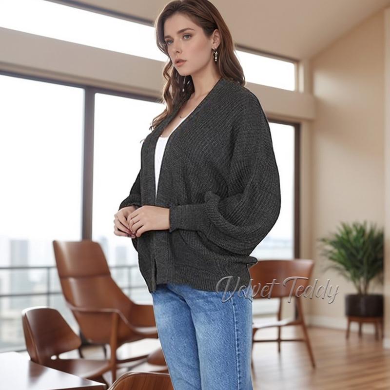 Elegance Long Balloon Sleeve Cardigan Pocket Knitted Open Cropped Cardigan Ladies Oversized Cardigan Plus Size 3